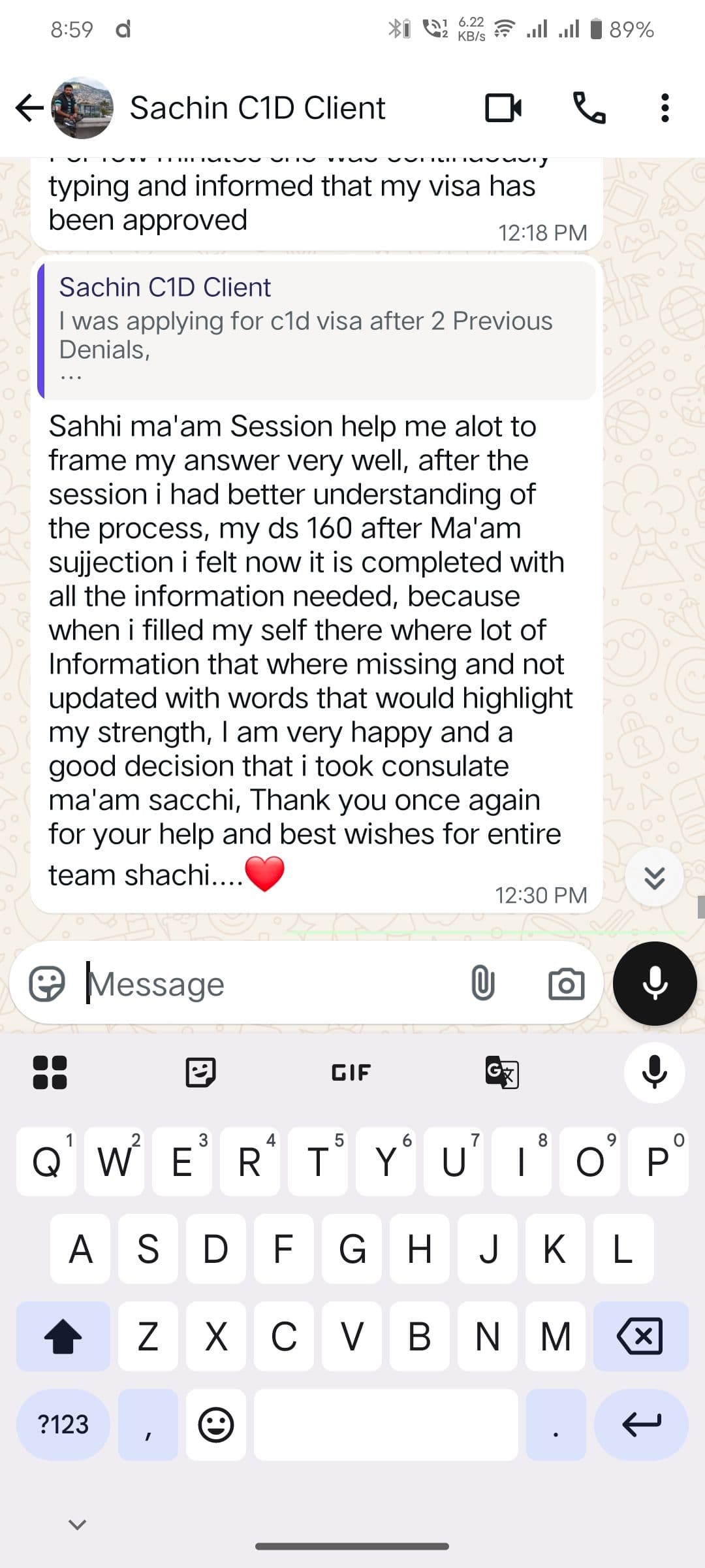 Client review from Sachin S Shrimali for Other visa