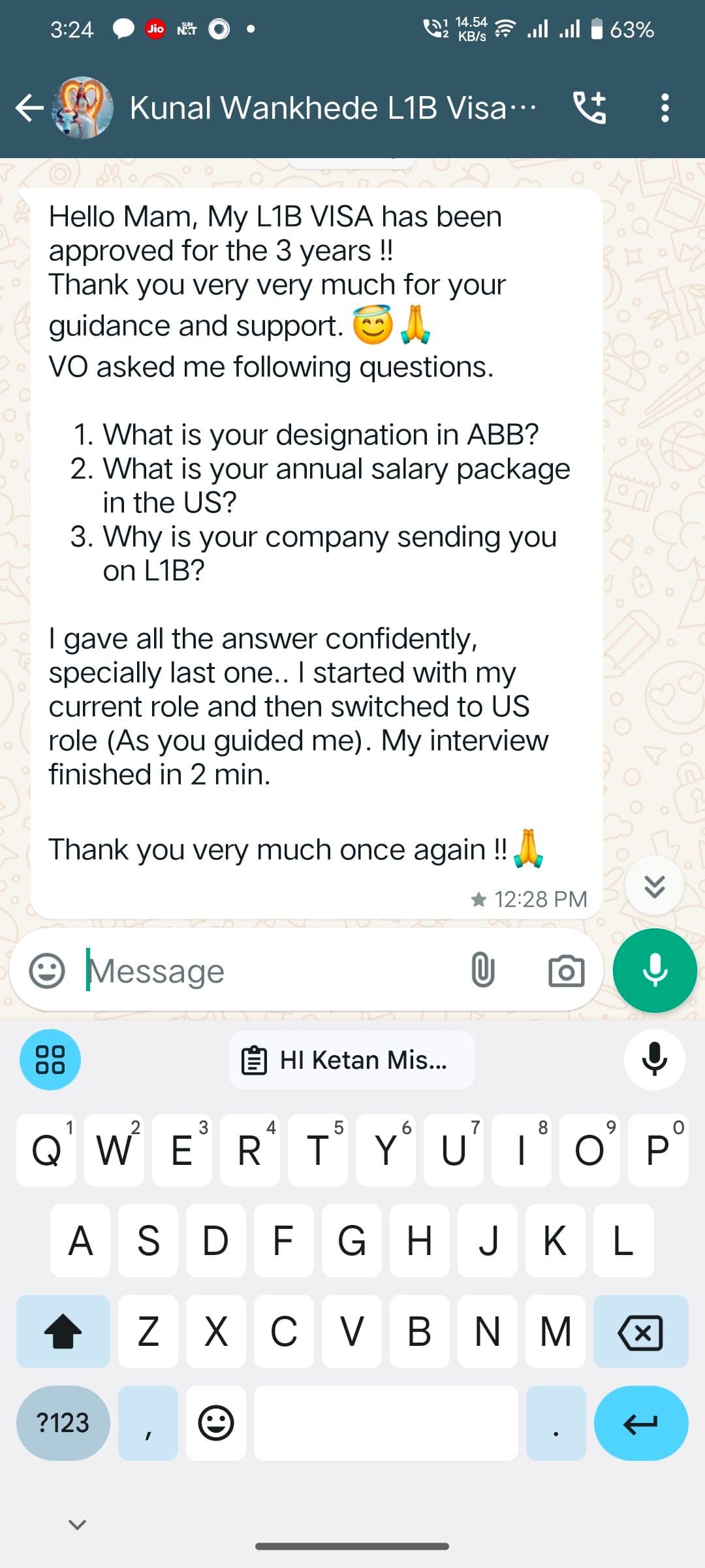 Interview experience from Kunal Wankhede for L1 visa