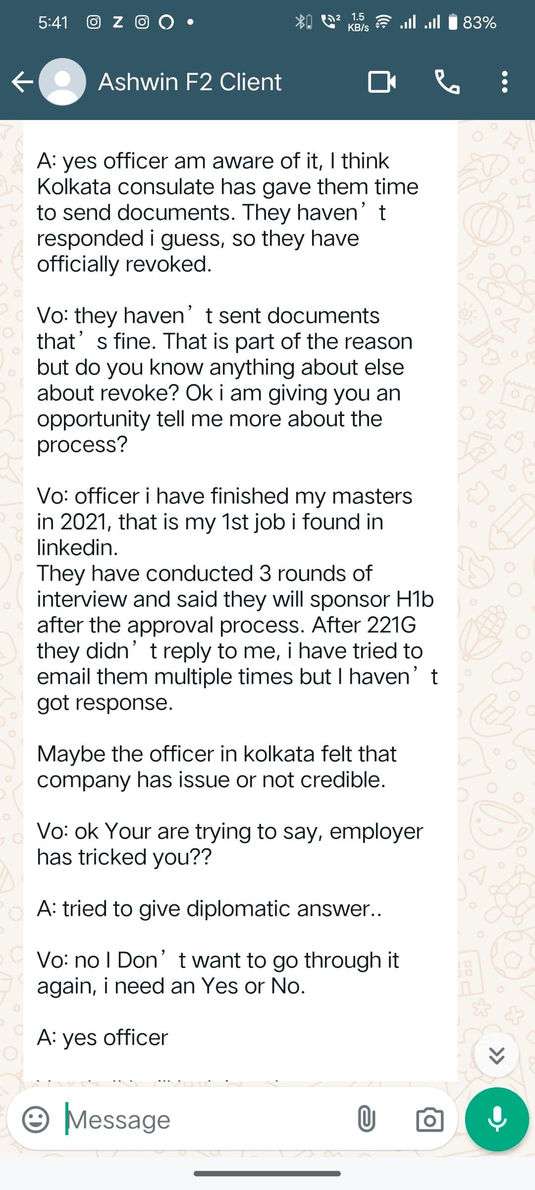 Interview experience from Ashwin Kumar for F2 visa