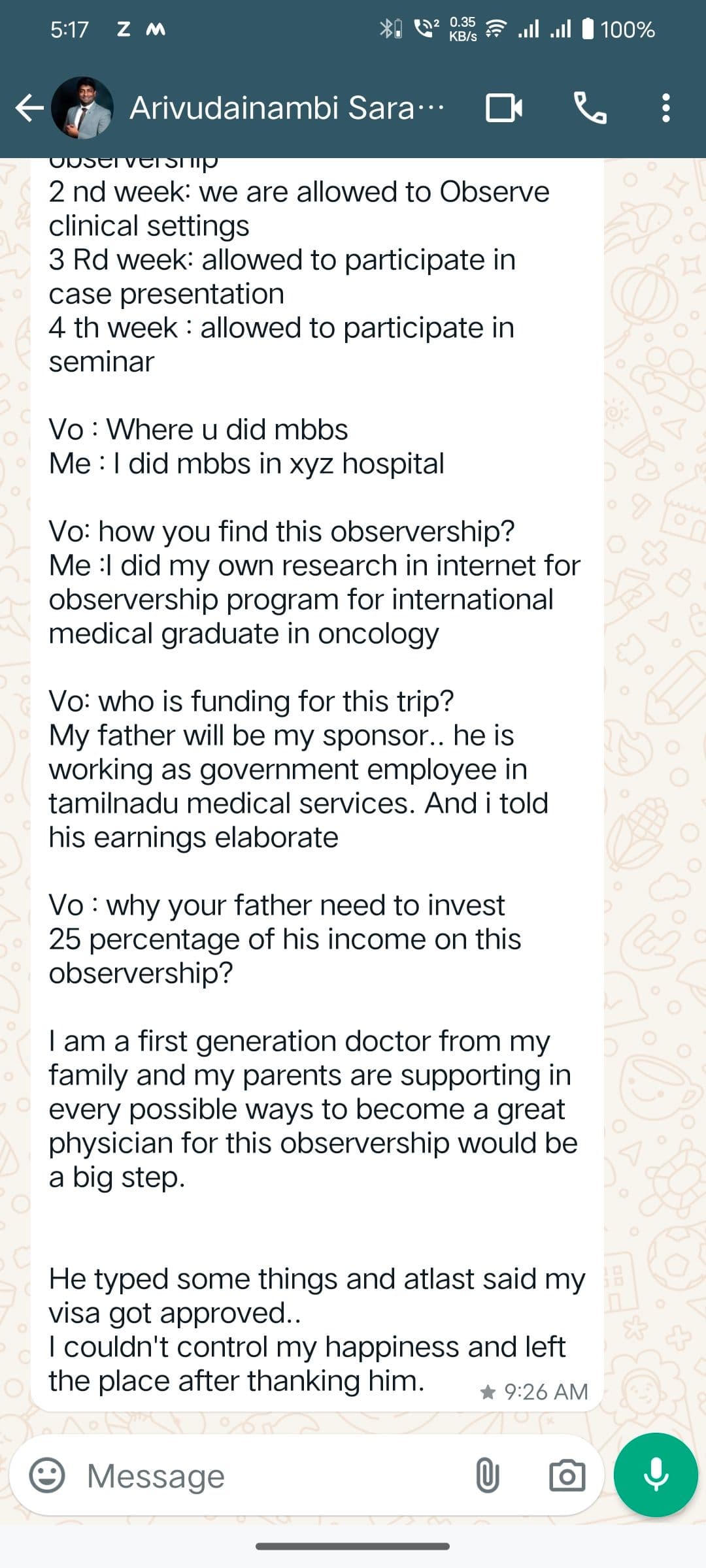 Interview experience from Arivudainambi Saravanan for B1 visa