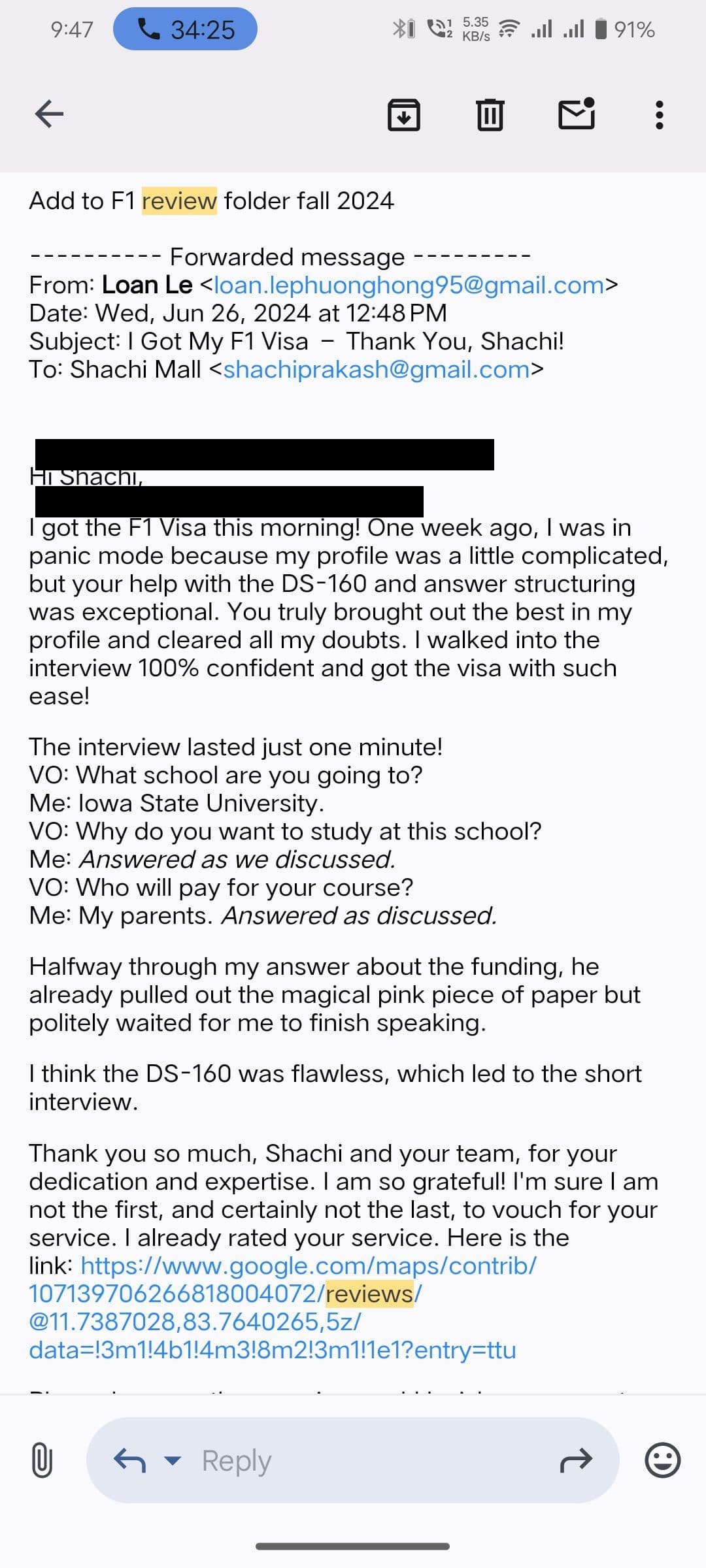 Client review from Loan Le for F1 visa