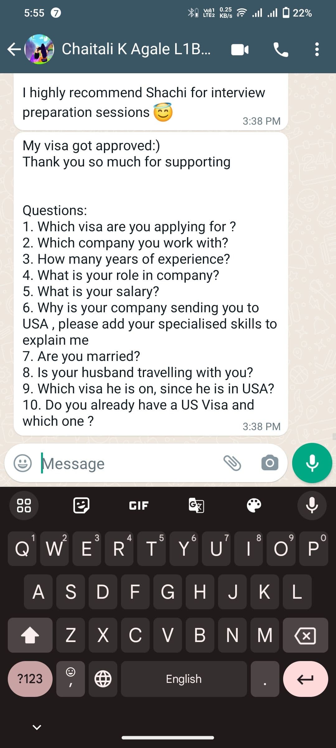 Interview experience from Chaitali K Agale for L1 visa