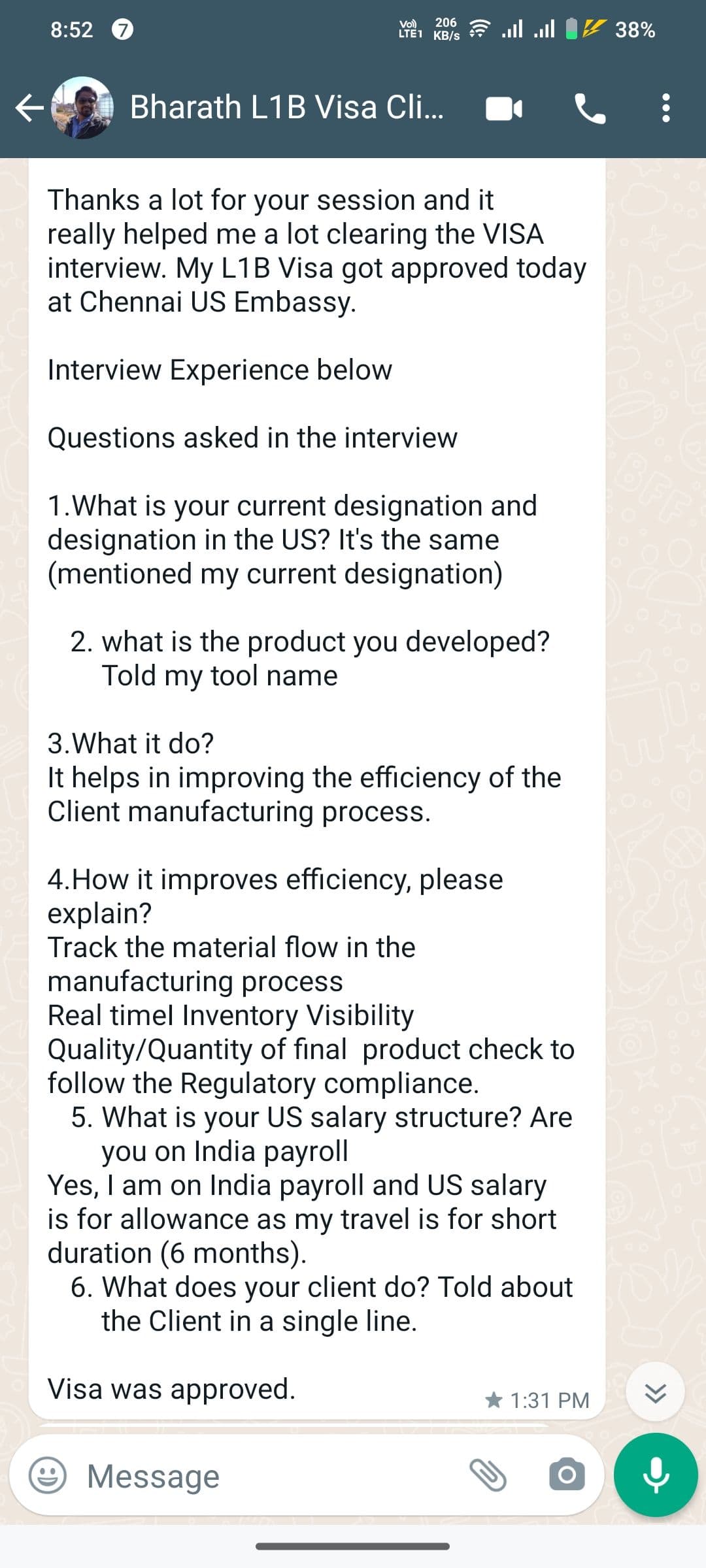 Interview experience from Bharath for L1 visa