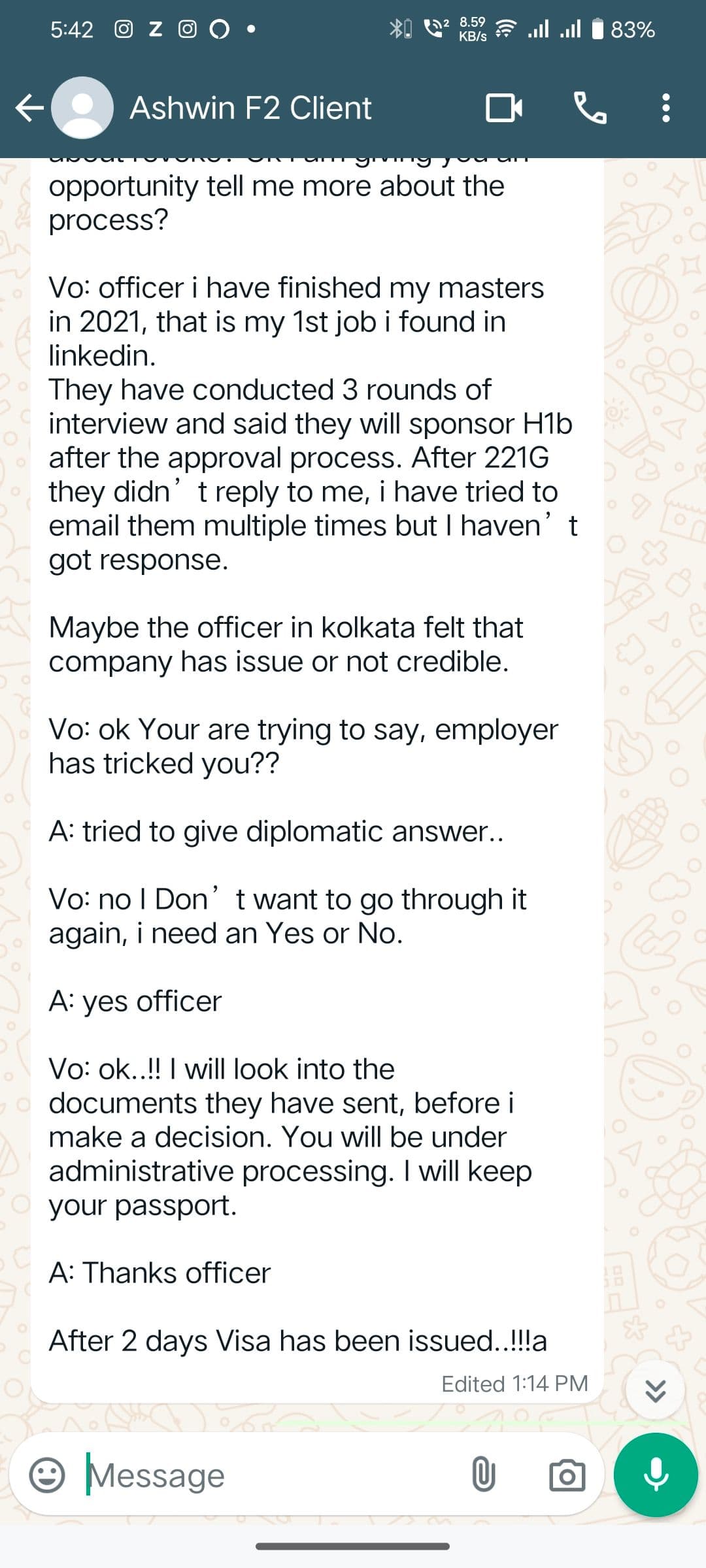 Interview experience from Ashwin Kumar for F2 visa