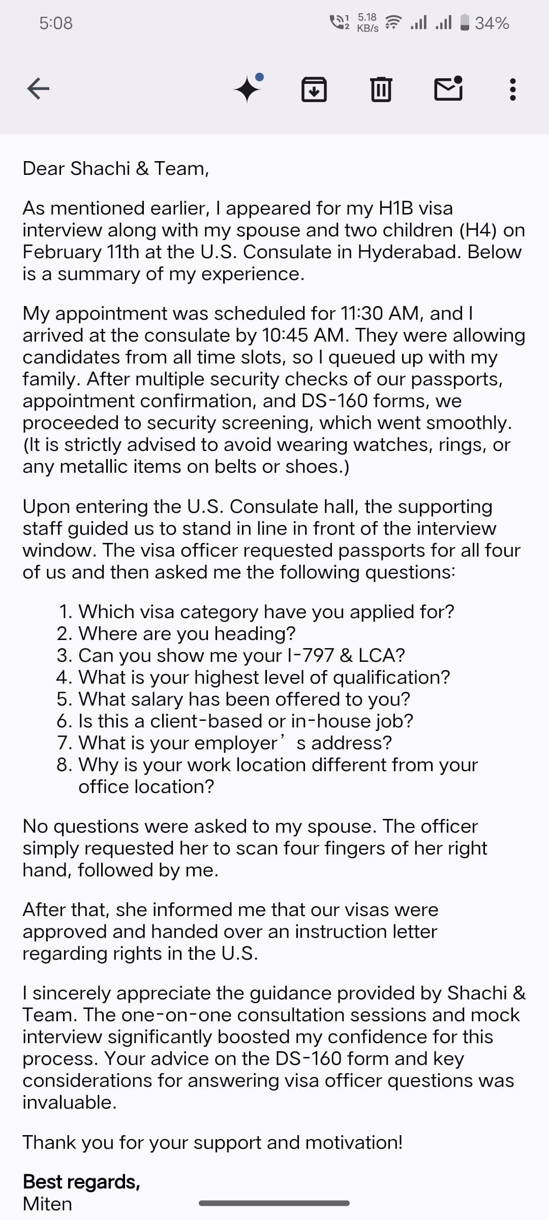 Interview experience from Anonymous Client for H1B visa