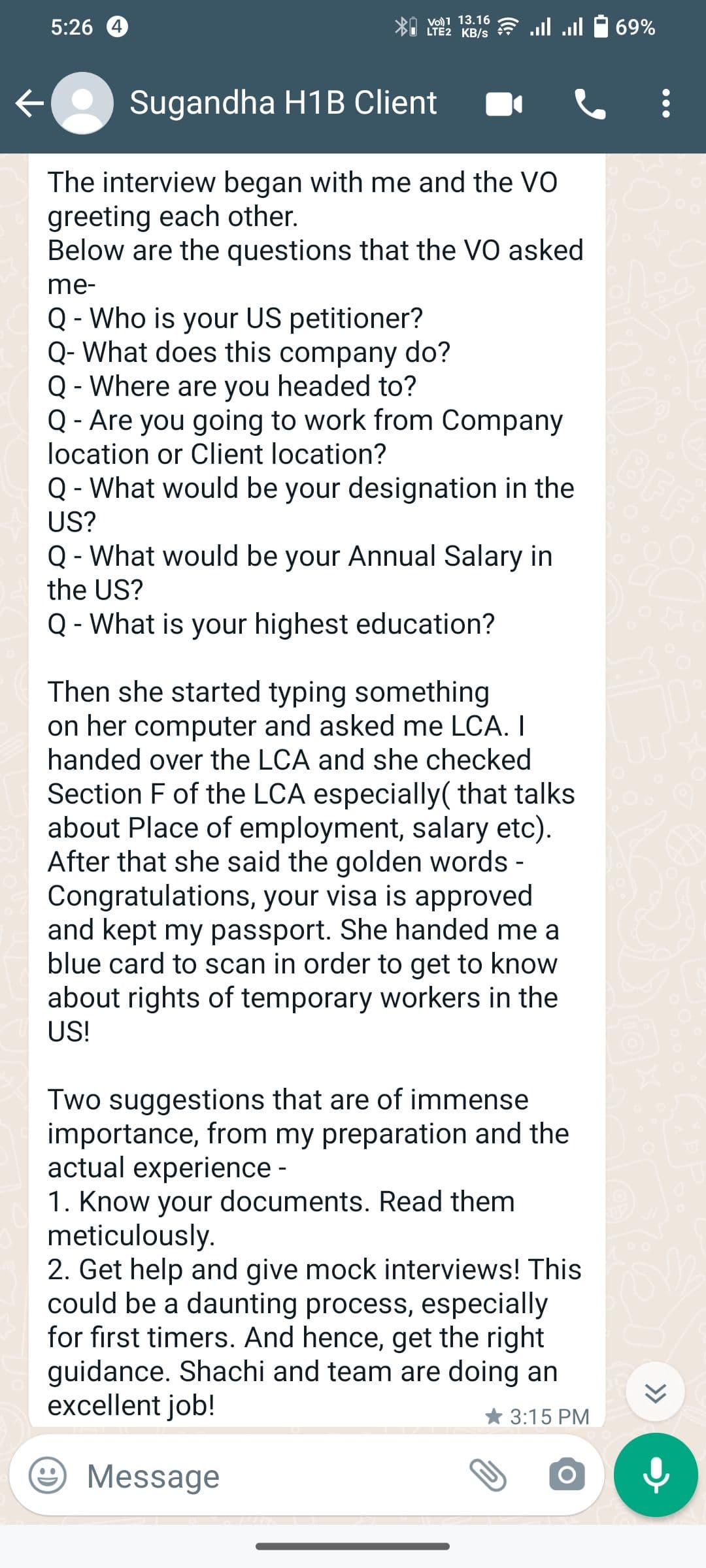 Interview experience from Suganda for H1B visa