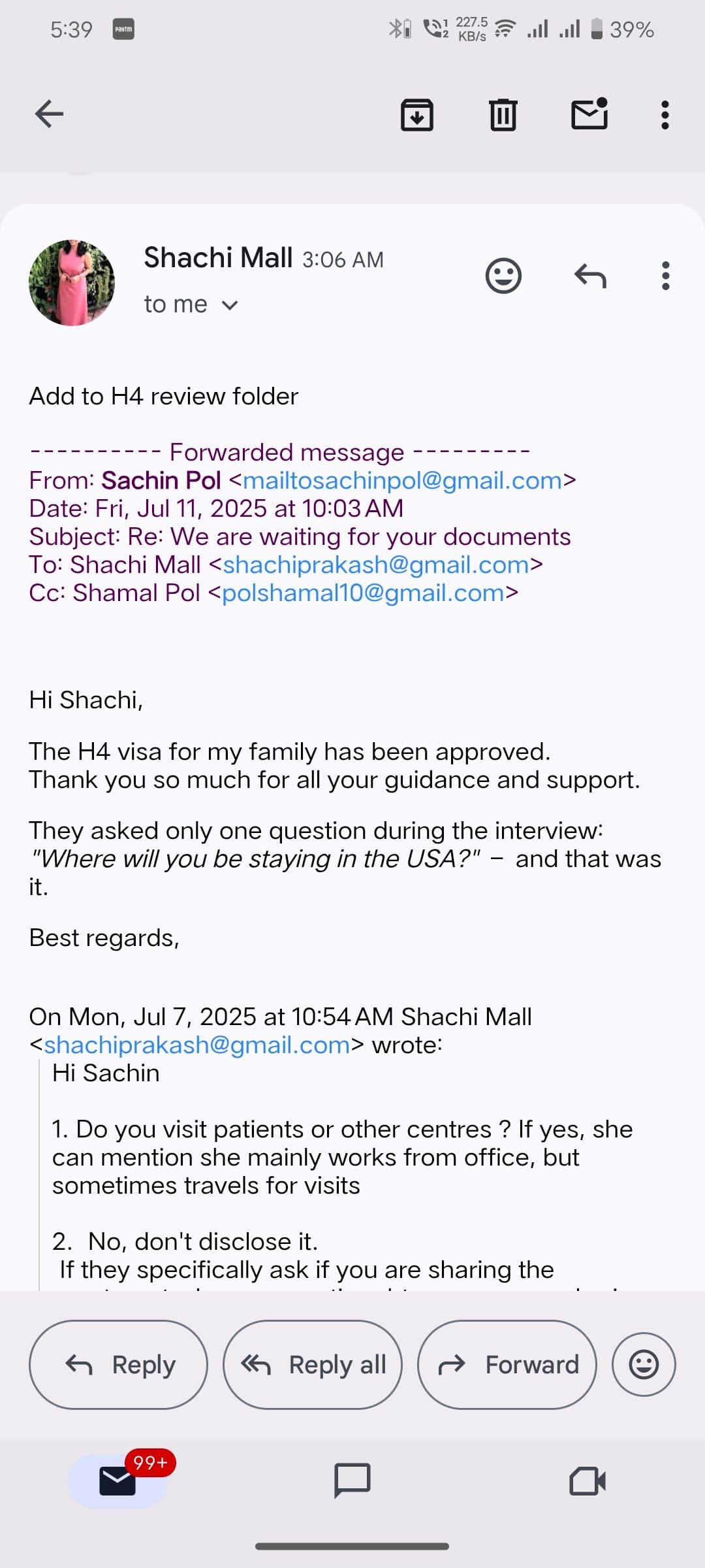 Client review from Sachin for H4 visa