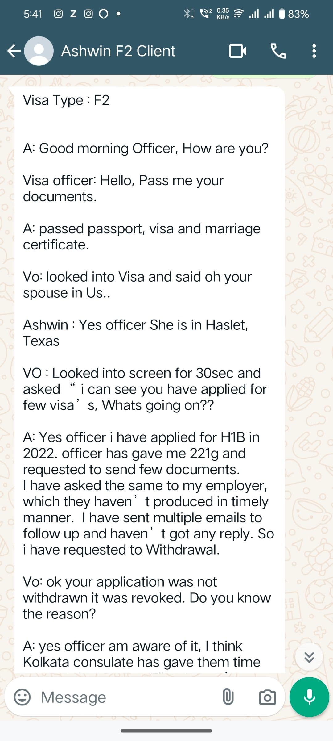 Interview experience from Ashwin Kumar for F2 visa