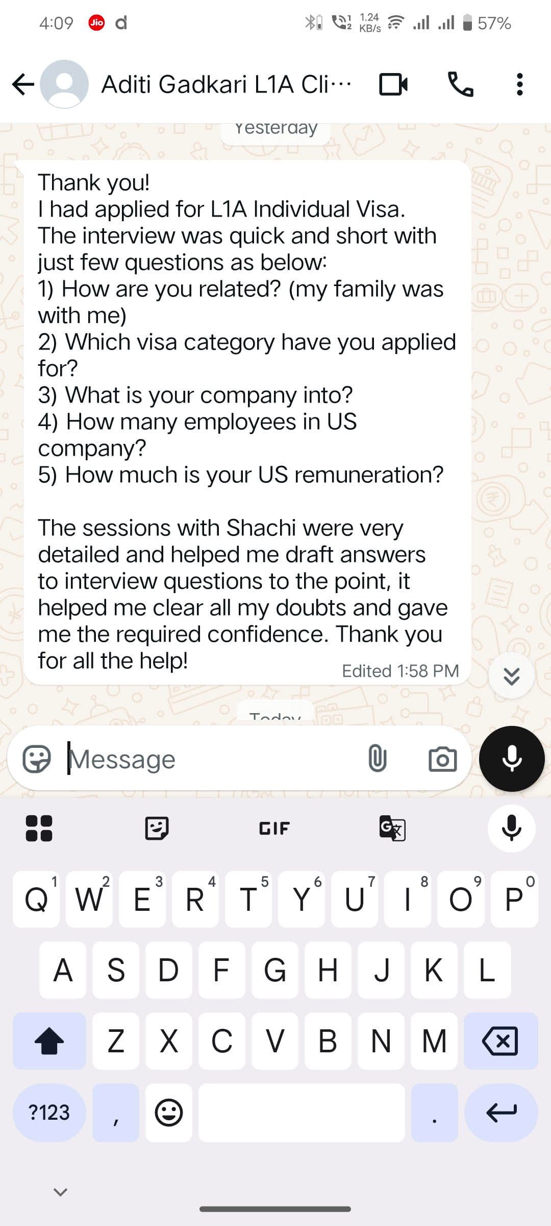 Interview experience from Aditi Gadkari for L1 visa