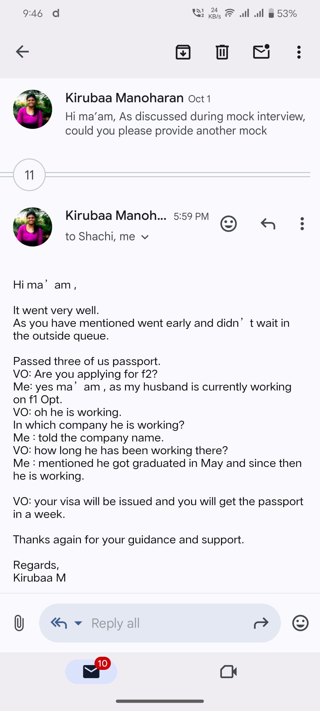 Interview experience from Kiruba for F2 visa