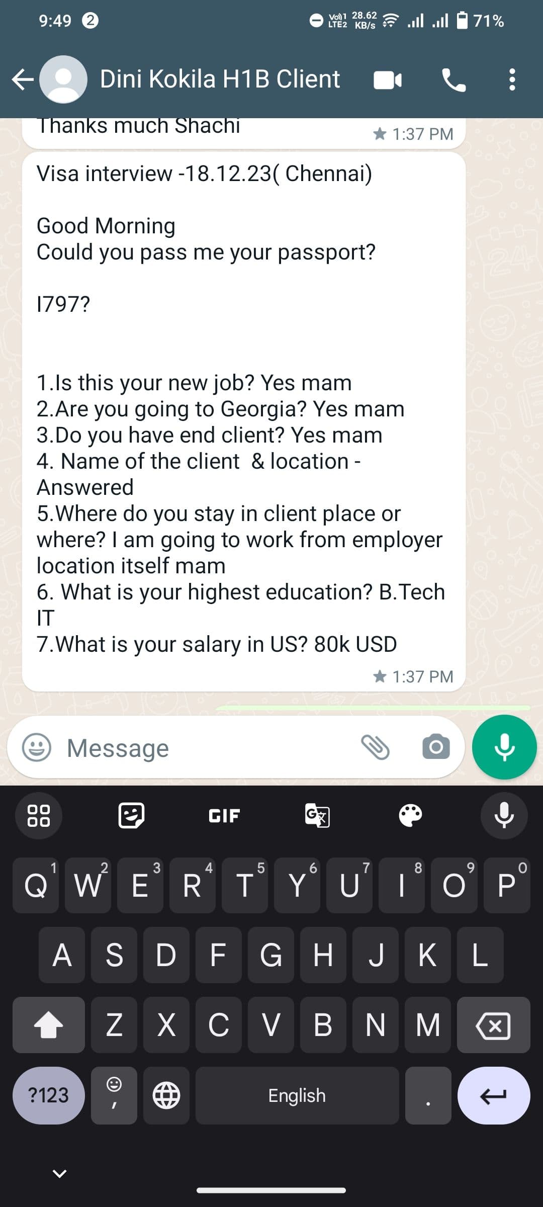 Interview experience from Dini Kokila for H1B visa