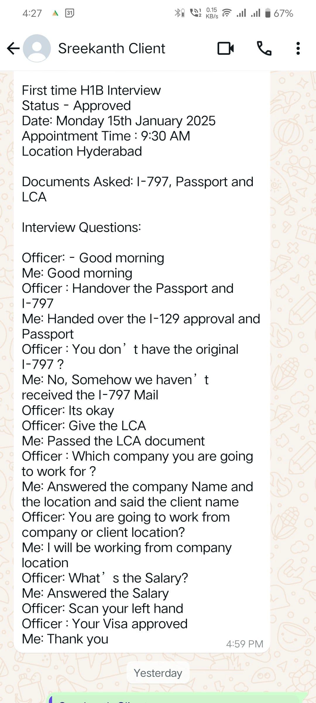 Interview experience from Sreekanth S N for H1B visa